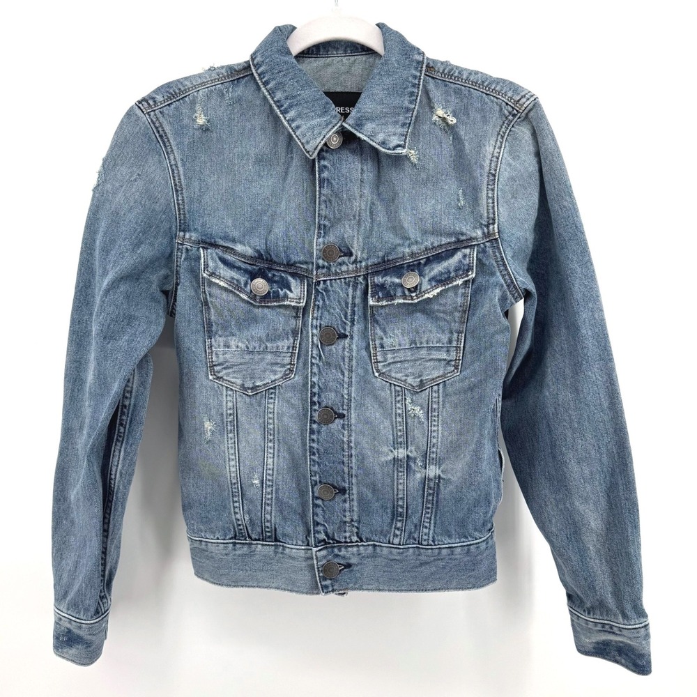 Express Denim Jacket Women XS Blue Distressed Trucker Jean BikercoreIndie Grunge
